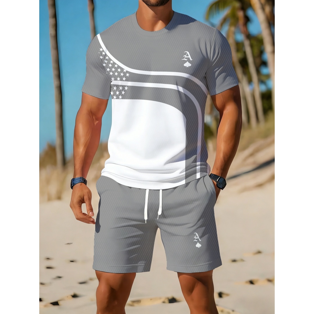 여름 남성 캐주얼 트렌디 곡선 그래픽 프린트 투피스 세 - Outdoor Sport Outfit 리뷰 및 가격