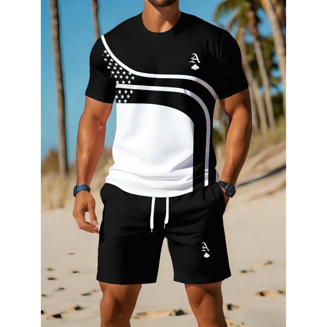 여름 남성 캐주얼 트렌디 곡선 그래픽 프린트 투피스 세 - Outdoor Sport Outfit 리뷰 및 가격